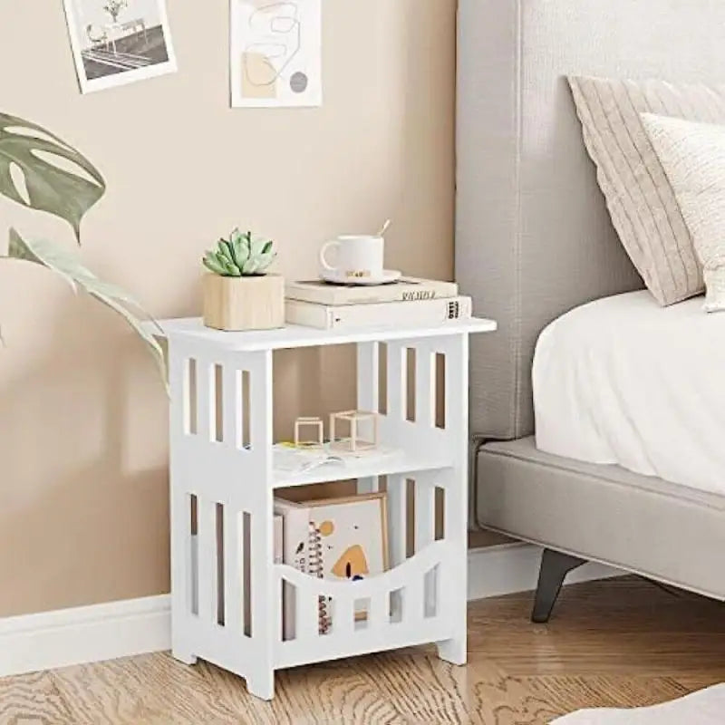 No-EN-Name-Null  Simple Modern 2-Tier WPC Hard White Plastic Rectangle Shaped Small Corner Bedside Nightstands