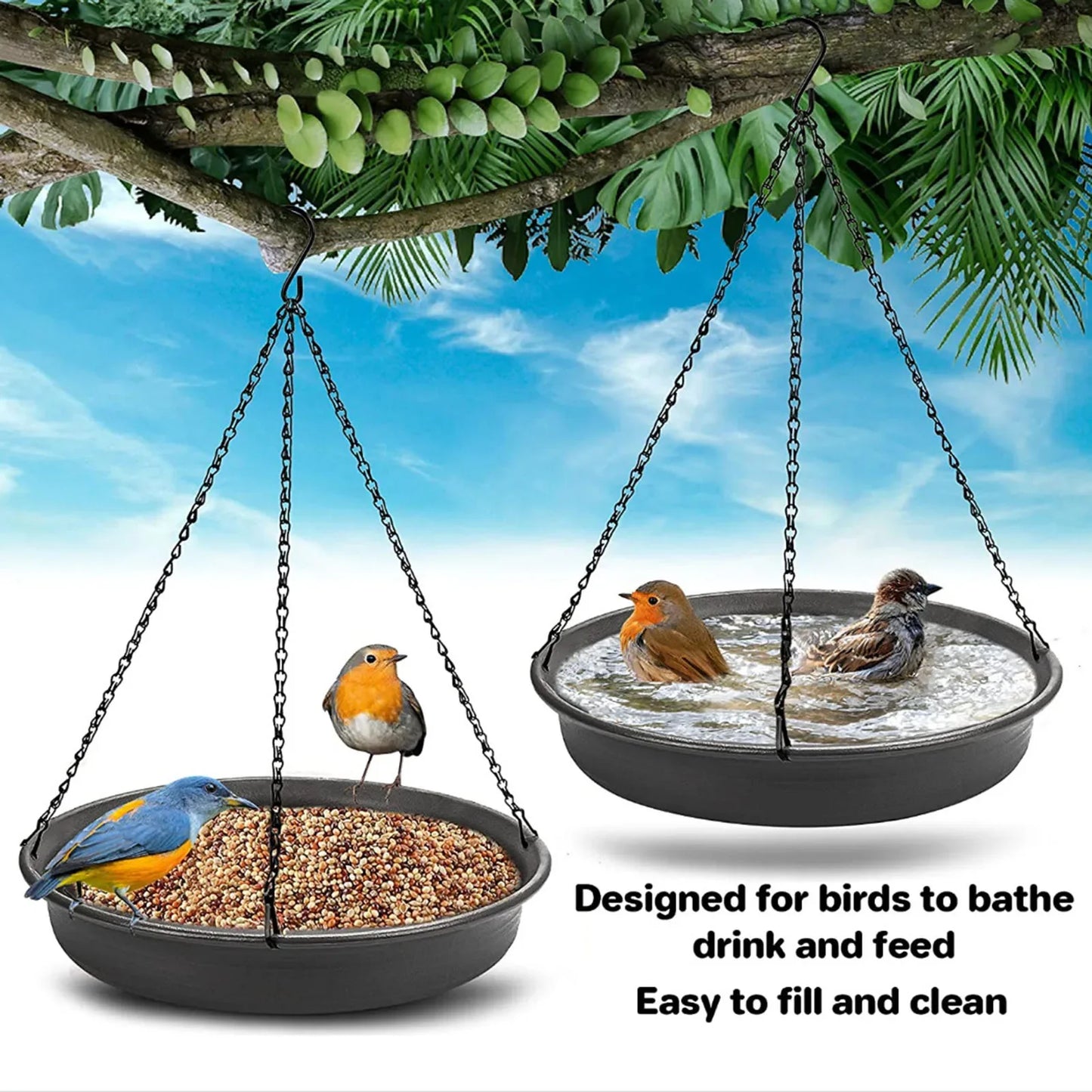No-EN-Name-Null Outdoor Garden Hanging Black Metal Chains Round Plastic-Resin Small Bird Baths/Colors-Black/Gray/White/Multicolor/Floral/Brown