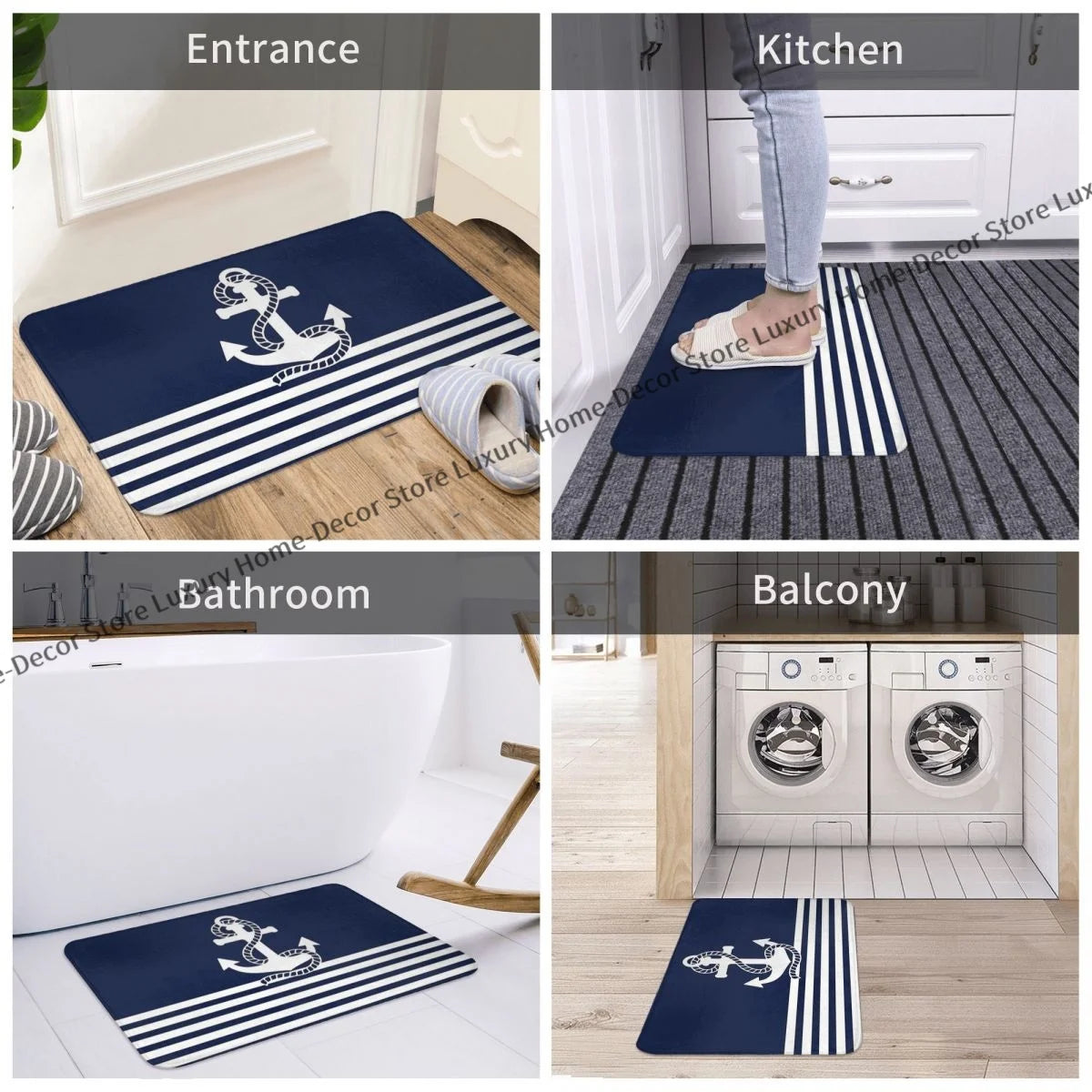 No-EN-Name-Null Indoor-Outdoor Machine-Made Waterproof Non-Slip Wrinkle-Resistant Polyester Flannel Fabric Printed Nautical Rope White Striped Blue Anchors Design Rectangle Floor Doormats/Size: 40cm x 60cm  16 x 24 inches