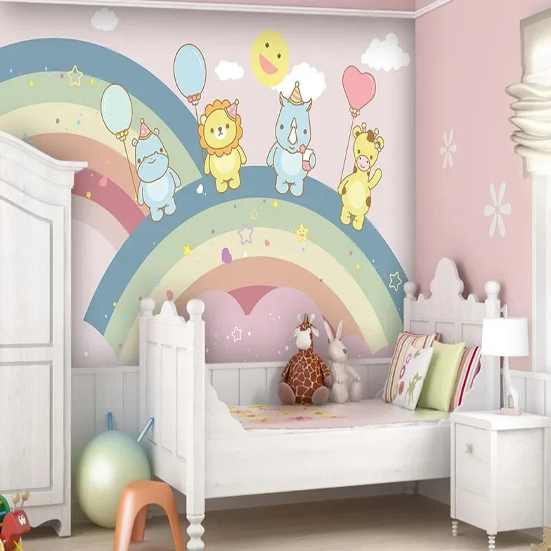JIADOU Kids Modern 3D Waterproof Canvas Self-Adhesive Customized Printed Two Rainbow Hippo-Lion-Rhino-Giraffe Holding One Balloon Peel-N-Stick Mural Wallpaper/Requires Paste