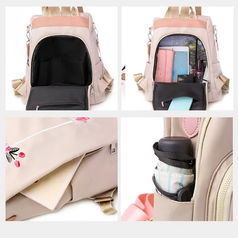 Women Modern Double Zippers Exterior Pockets Waterproof Black Oxford Fabric Floral Embroidered Flowers Design Polyester Lining Two Adjustable Straps-Two Handle Travel Backpacks/Single Compartment/Colors-Black/Pink/Blue