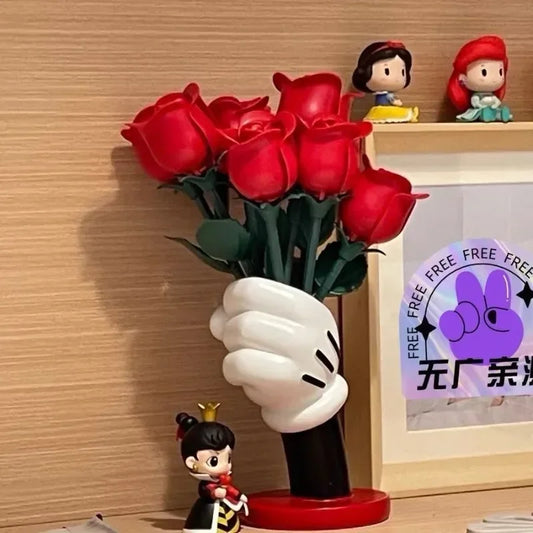Kids Desktop PVC Cartoon Movie Mickey Mouse Hand-Arm Holding Vase Artificial Roses Model/Colors-Black/Red/White