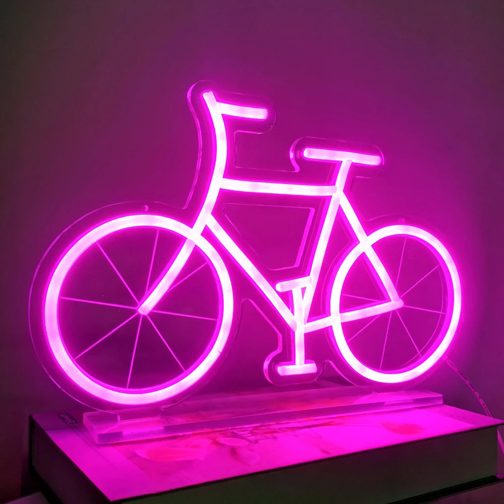 DELINEON Indoor Free Standing Adjustable Acrylic-Silicone LED NEON Blue Bicycle Shaped Wall-Mounted NEON Signs/Colors-Pink/White/Blue/USB-DC Powered/Dimmer Switch/Paste Hook-2 Hooks/Transparent Line/Power Cord/Meta Chain