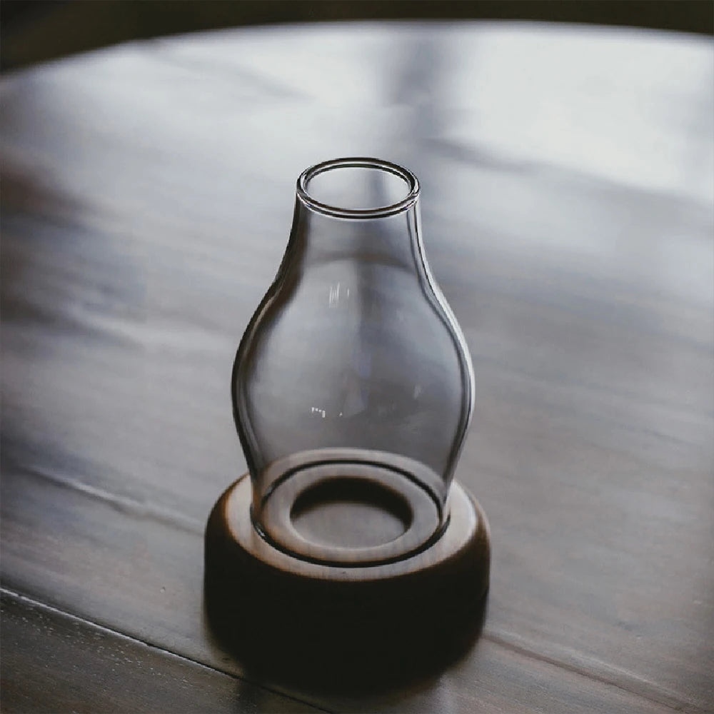 No-EN-Name-Null Classic Small Windproof Clear Glass Shade Brown Bamboo Wood Round Shaped Base Tealight Candle Holders