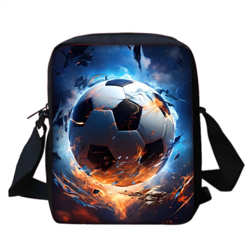 MINISO Kids 3 PCS Large Waterproof Nylon Fabric Zippers Exterior Pockets Printed-Burning Flames Soccer Ball Design Curved Back Shoulder Straps-Handle Sports IPAD Compartment School Backpacks/Color-Black/White/Blue/Multicolor