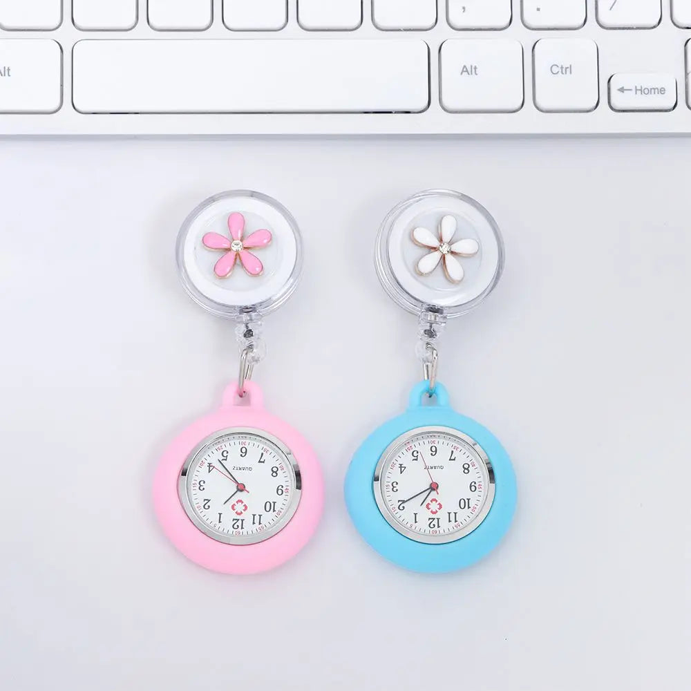 No-EN-Name-Null Adults Waterproof Glass Face Round Shaped Quartz Digital-Analog Display Nurse-Doctor Cute Flower Design Pink Silicone Cover Metal Alloy Case Clip-On Retractable Fob Pocket Watches/Colors-Pink/Black/Blue/White