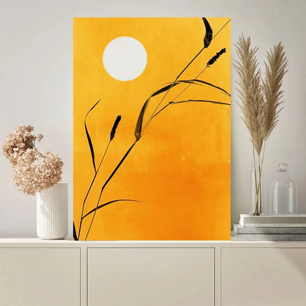 No-EN-Name-Null Modern Art Unframed Abstract Beige Background Winter Black Trees-Orange Suns-Black Birds Minimalist Rectangle Shaped Prints/Colors-Black/Beige/Yellow/Green/Blue/White/Orange/Multicolor/Geometric/Floral