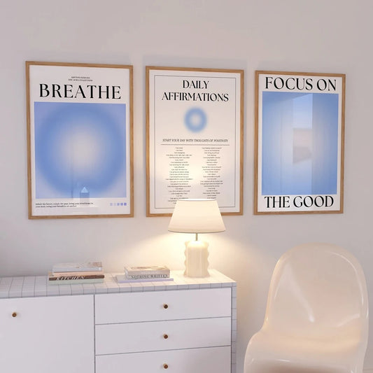 No-EN-Name-Null 3 PCS Modern Unframed Canvas Rectangle Waterproof Ink HD Printed Abstract Black Text Saying Positive Blue Aura Spiritual Breathe-Daily Affirmation-Focus-On Wall Art Prints/Colors-Blue/Beige/White/Black/Multicolor