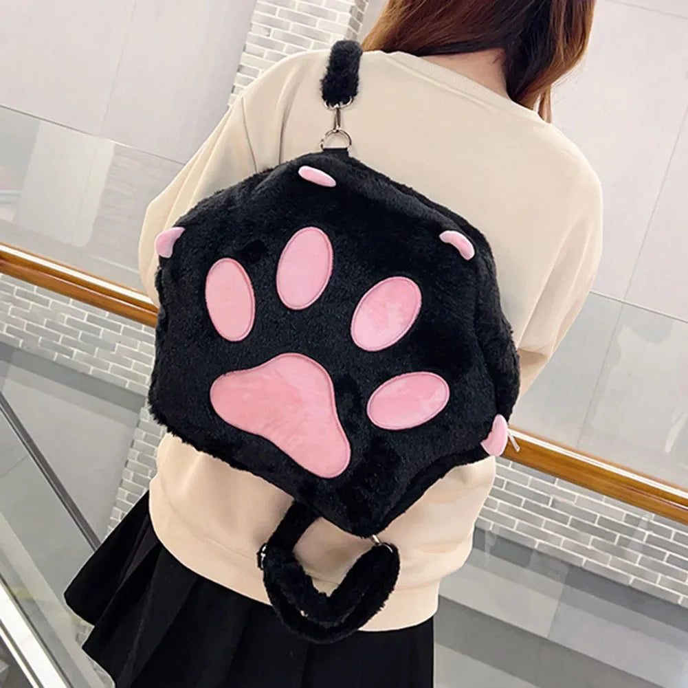SHUNMAII Women Softback Black-White Polyester Fabric Cute Cartoon Soft Furry Cat Paw Design External Pockets Nylon Lining Zippers Adjustable Straps Slit Pockets School Backpacks