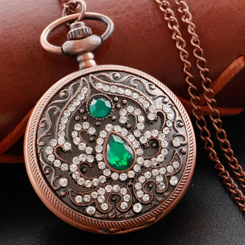 SHUHANG Adults Quartz Analog-Digital Display Gold-Red Ruby Stones On Front-Floral Design On Back Round Shaped Stainless Steel Metal Case Hardlex Face Necklace Chain-Pocket Watches