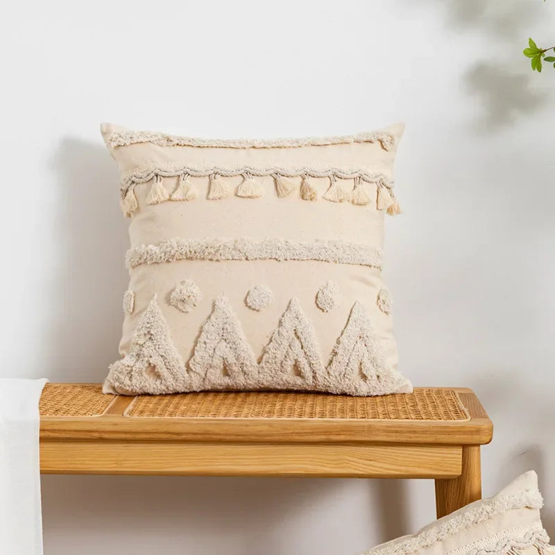 Tufted Beige Embroidered Linen /Polyester Tasseled Throw Pillows /Sizes -45 x 45cm /30 x 50cm