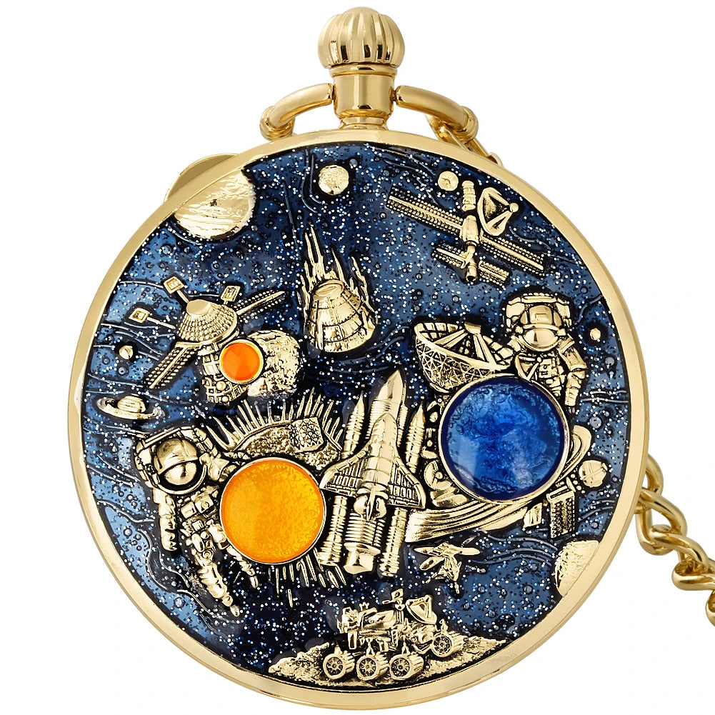 YISUYA Adults Men Quartz Acrylic Face Round Case Analog Display Black Background Gold Planets-Stars-Astronaut-Space Capsule-Shuttle-Satellites-Lunar Roving Vehicle Two Orange-Dark Green Stones Chain-Pocket Watches