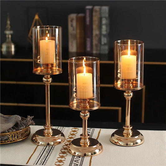 Traditional Chinese Gold Glass Column-Ball Pillar Matching Cup Candleholders/Sizes: S-M-L