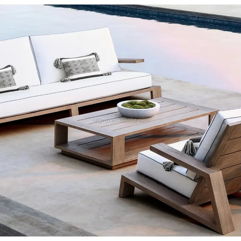 NALLONHU Outdoor Waterproof All-Weather Removable Quick-Dry Synthetic White Fabric Foam Cushion Slipcover UV Protection Brown Myanmar Teak Wood Frame Sofas-Rectangle Shaped Coffee Table Sets/Colors-Brown/White