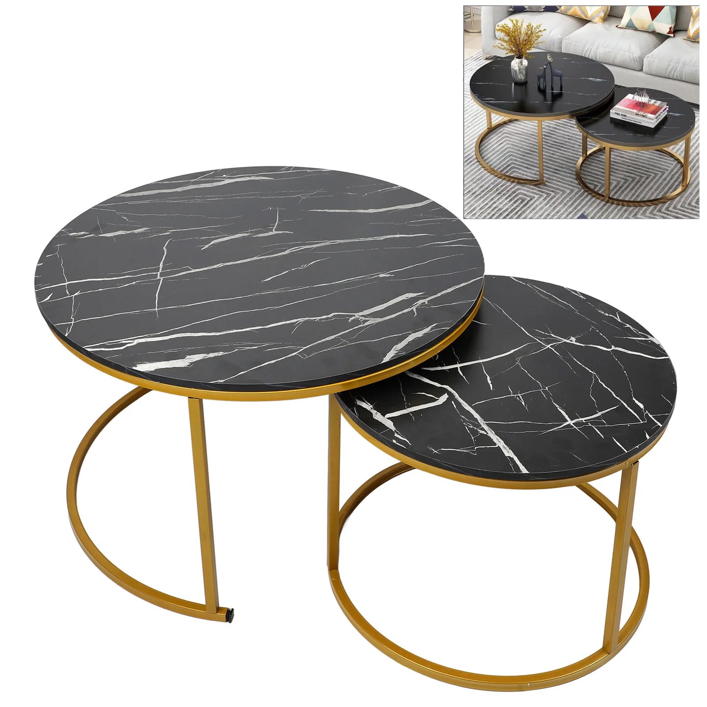 TOPINCN Modern 2 PCS Round Black Marvel White Grain Top Gold Metal Circle Frame Interlocking Stacking Coffee Table Sets/Colors-Black