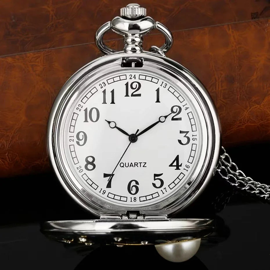 WECIN Adults Quartz Glass Face Metal Round Arabic Numeral On Front Blue Sea-Bronze Stars-Half Moon-Sun Inlaid Pearl-Geometric Silver Back Design Pendant Chain-Pocket Watches/Colors-Blue/Silver/Gold/White/Geometric