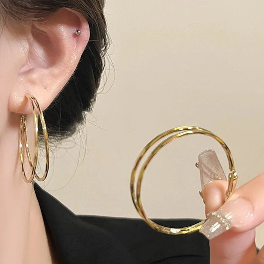 Women Imitation Punk Hip-Hop Oversize Gold-Copper Plated Stainless Steel Thick Hoop Round Circle Metal Earrings/Colors-Gold/Silver