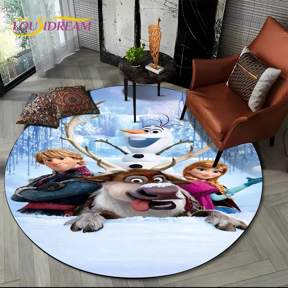 MINISO Indoor-Outdoor Kids Blue Background Round Shaped DISNEY'S Frozen II Movie Cartoon Anime Princess Elsa-Anna-Olaf Design Skid-Proof Bottom Polyester-Flannel Rugs/Colors-Blue/Red/Black/White