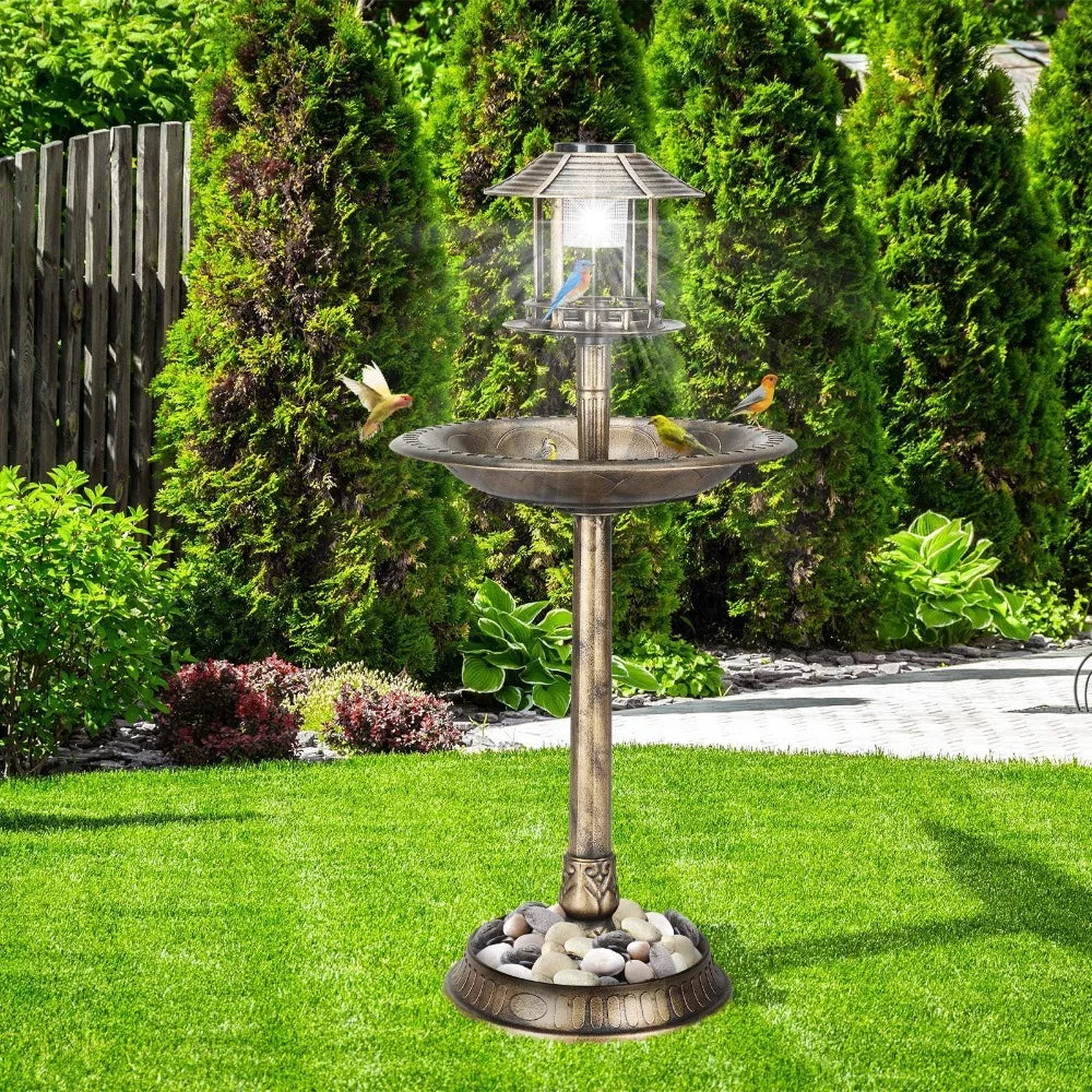 NULL Outdoor Garden Free-Standing Solar-Powered Lights On Top Bronze-Dark Green Round Plastic Weather-Frost Resistant Strong Sturdy Base Resin Bird Baths