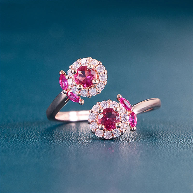 CELLA CITY Women Sterling Silver Rose Gold Plated Metal Shiny Floral Flower Shapes Zircon Clear White-Garnet Ruby Red Gemstones Adjustable Size Fine Cocktail Band Rings/Colors-Red/Floral/Geometric