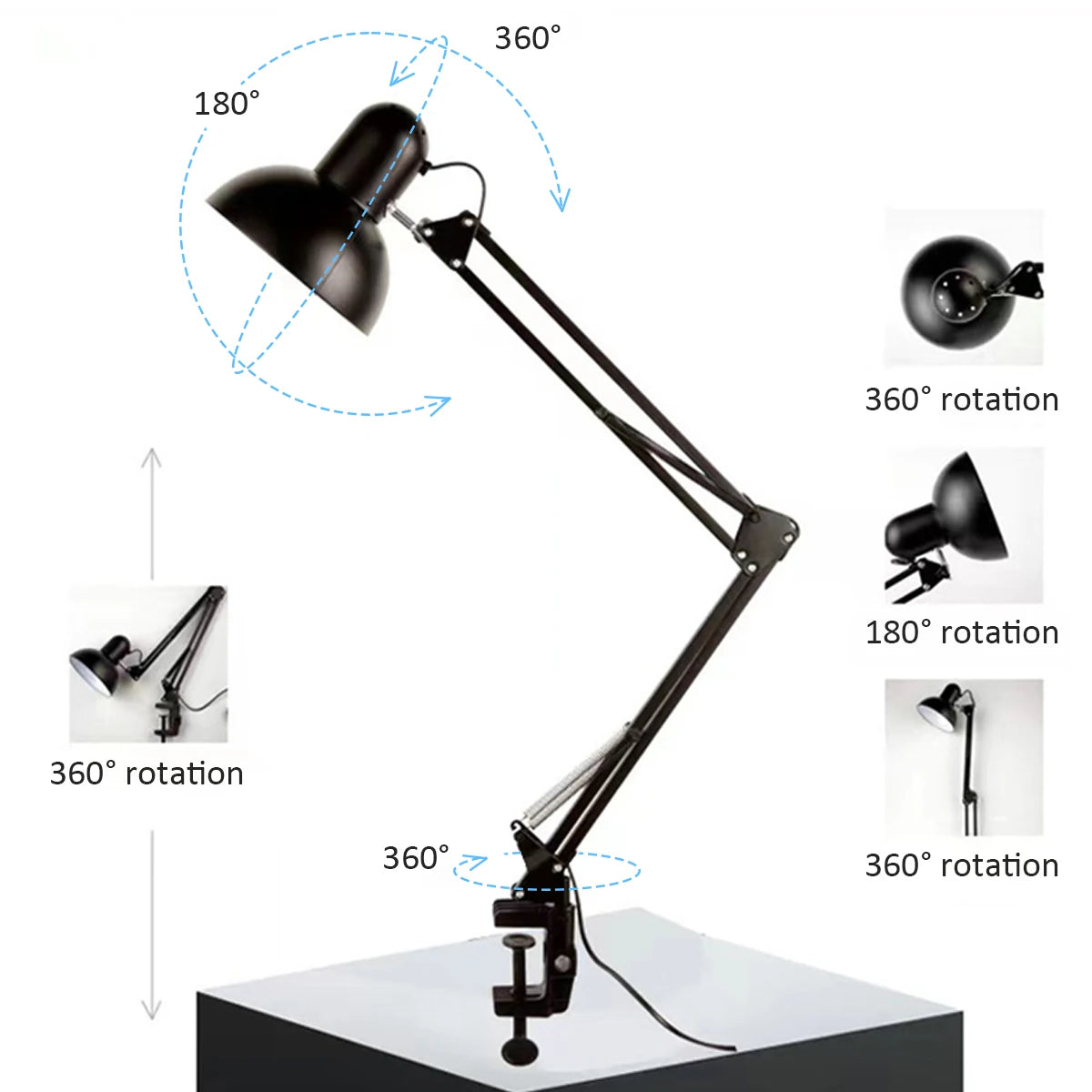 Black Metal Multi-Angle Rotation Swing Folding Arm Clip-On Desktop Dimmable Lamps