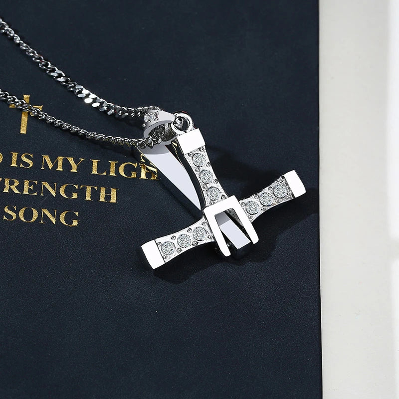 MEAEGUET Adult Unisex Fine Imitation Three Layer Silver-Plated Stainless Steel Silver-Black-Gold Colored Metal Clear White Shiny Cubic Zirconia Diamond-Like Gemstones Cross Pendant Chain Necklaces