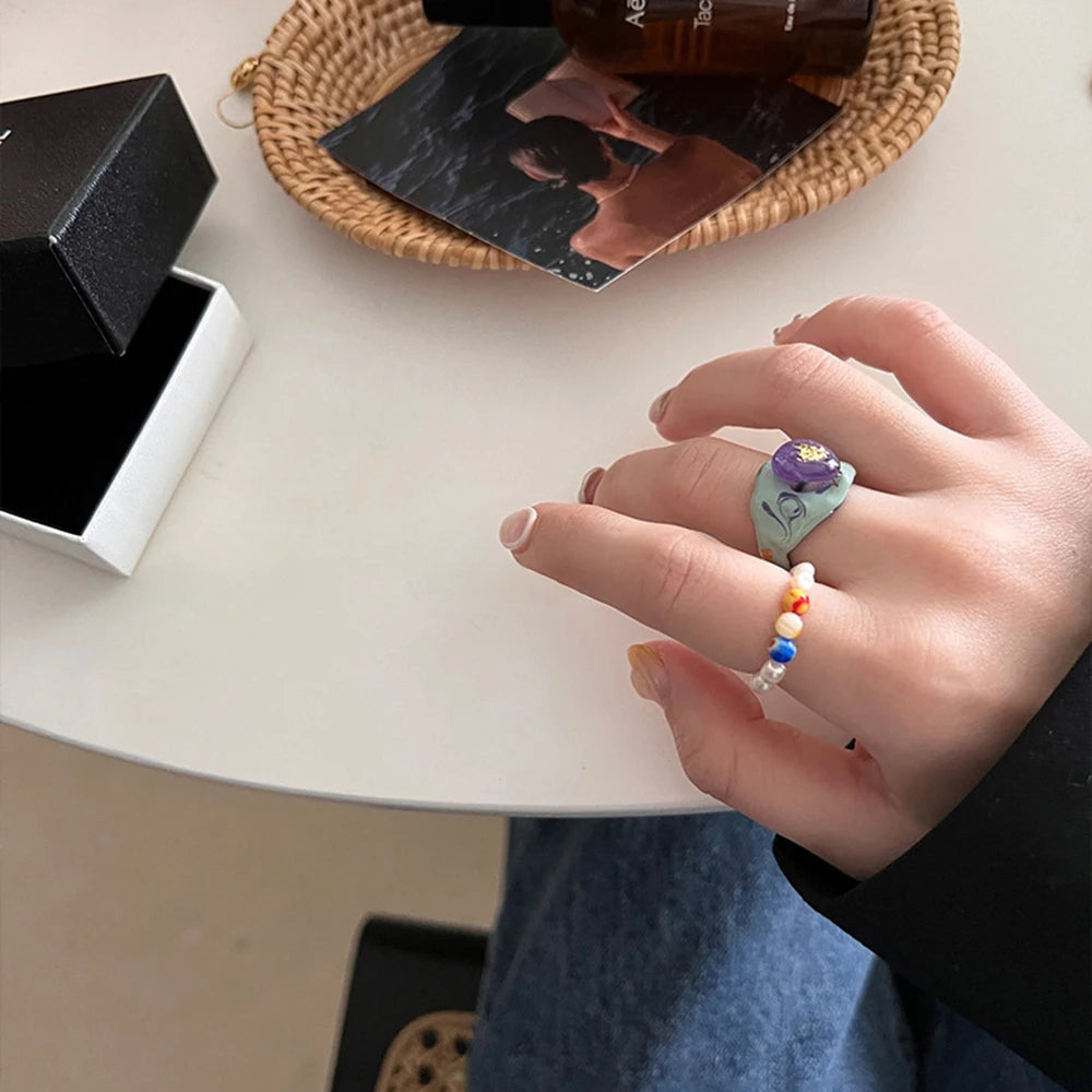 No-EN-Name-Null Adult Women Fine Imitation ONE SIZE Aluminum Metal Multicolor Geometric Couples Stackable Wedding Bands Dripping Oil Design Decorative Rings/Colors-Multicolor/Gold/Floral/Geometric