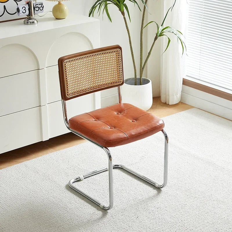 No-EN-Name-Null Nordic Armless Woven Rattan Brown Solid Wood Beige Meshed Hard Backrest-Faux Leather Seat Cushion Silver Stainless Steel Metal Frame-Legs Kitchen-Dining Room Chairs/Colors-Brown/Green/Black/Gray/Orange