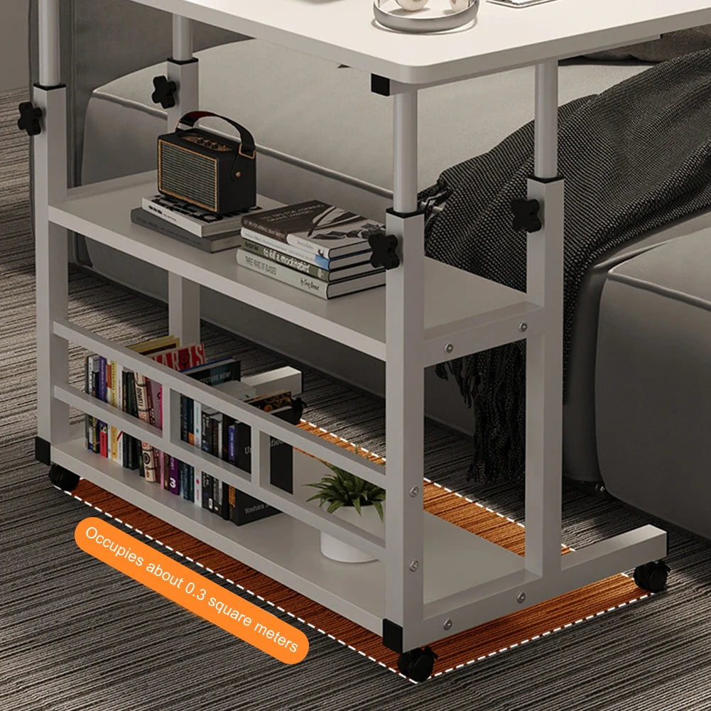 No-EN-Name-Null Modern Adjustable Height Wood Panel High-Gloss Smooth Finish Rectangle Shaped Top Welded Metal Frame Retractable Two Shelves Layers Mobile Bedside Computer Desks/4 Wheels