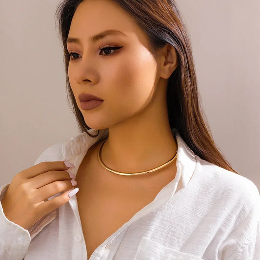 Women Round Imitation Torques Stainless Steel Choker Collarbone Necklaces/Colors-Gold/Silver