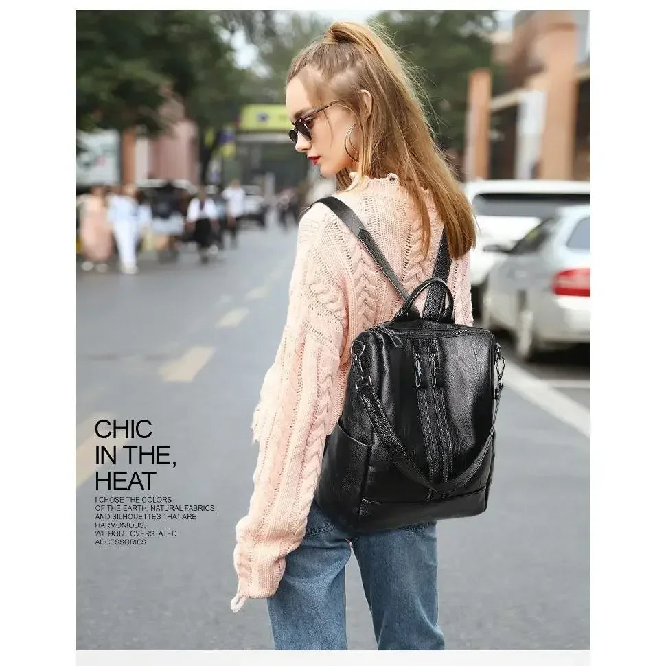 No-EN-Name-Null Women Lightweight Convertible Zippers Soft Black Faux Leather Travel Detachable Shoulder Straps-Two Handles Single 9-7 Inch IPAD Compartment Backpacks
