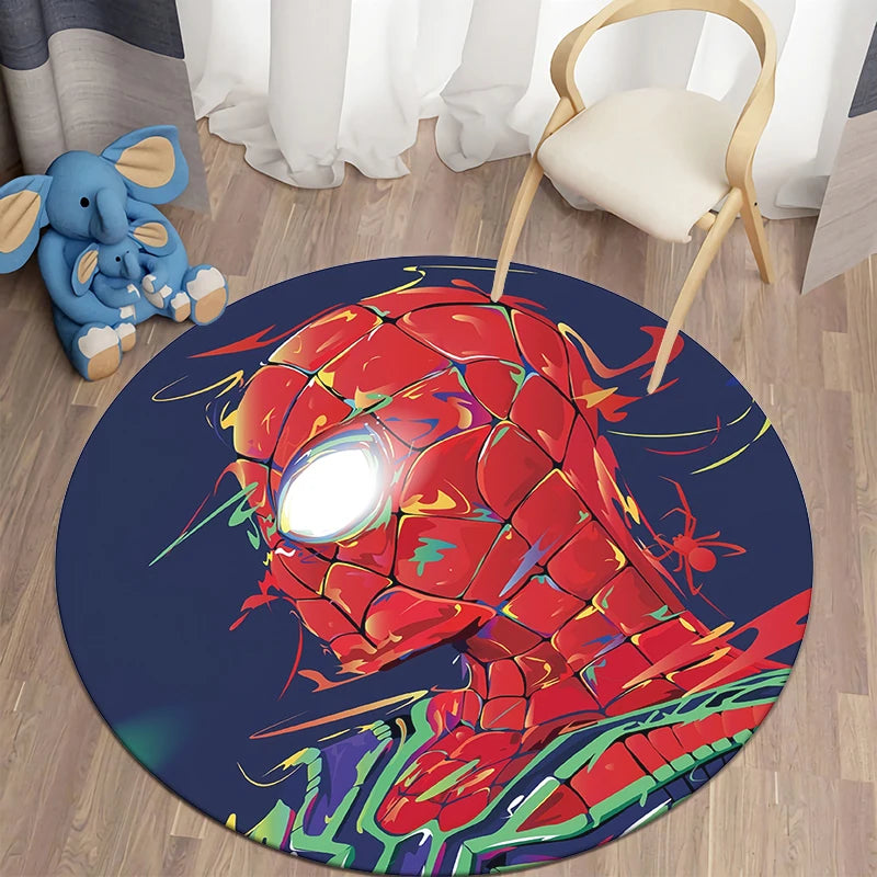 MINISO Round Shaped HD Printed Red Background MARVEL Spider Man Design Anti-Slip Plastic Dots Bottom Fade Resistant Soft Velvet Polyester Fabric RUGS /Colors-Orange/Blue/Red/Multicolor