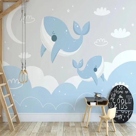 JIADOU Modern Kids Customized Waterproof Hand-Painted Mural White Half Moon-White Clouds-Blue Starry Night Sky-Two Blue-White Whales-Swimming In The Ocean Design Wallpaper/Requires Paste