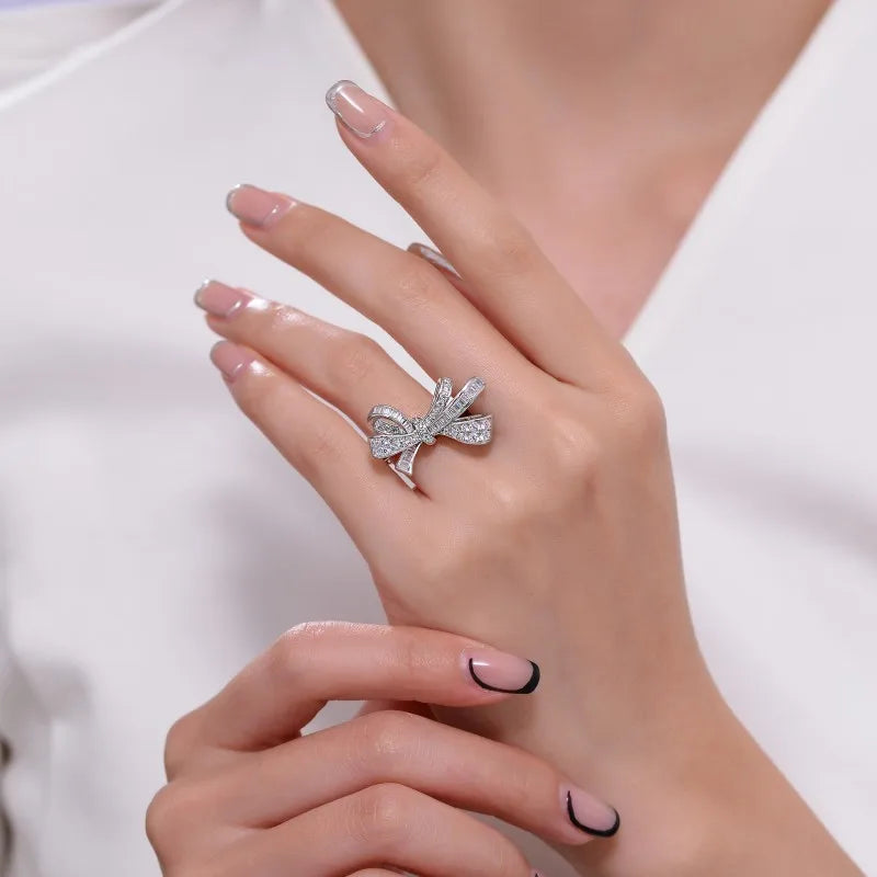 Follow-Cloud Adult Women Fine Sterling Silver 18K Gold-Plated Bowknot Shaped Cubic Zircon Clear White Shiny Imitation Diamonds Gemstones Prong Wedding Band Rings