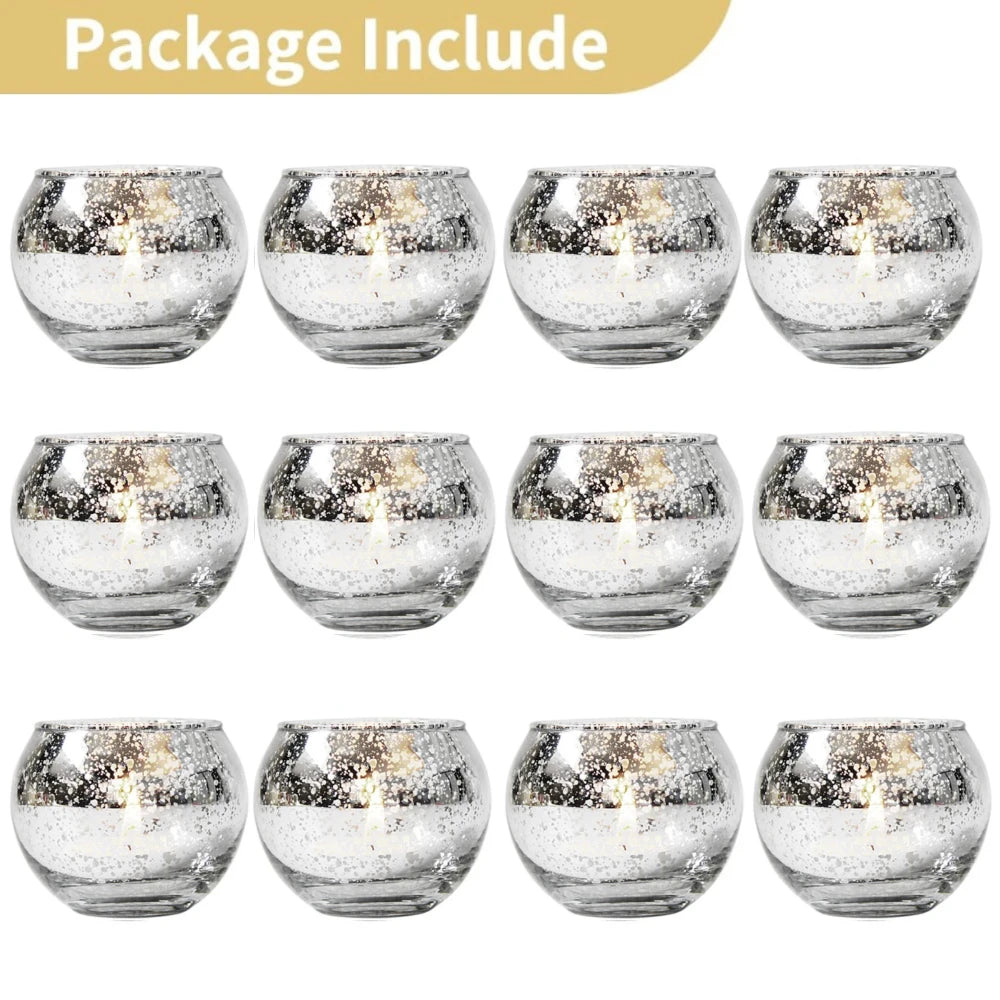 No-EN-Name-Null 6-12 PCS Silver Metallic Finish Speckled Gold Mercury Glass Assorted Votive Small Round Ball Tealight Candle Holders/Colors-Silver/Green/Gold/Blue/Clear/Purple