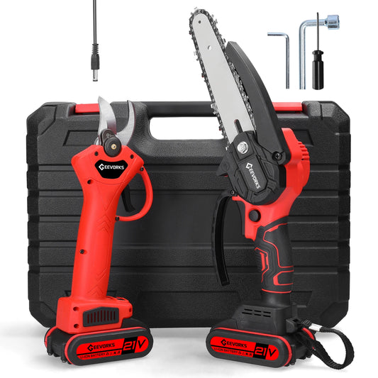 KKMOON Outdoor Plastic Red-Black-Gray Body 6 Inch Chain Wheel Guide Plate Child-Safety Lock Handheld 21V Cordless Lithium Battery-Powered Rechargeable Metal Electric Pruning Chainsaws/2 Lithium Batteries Included
