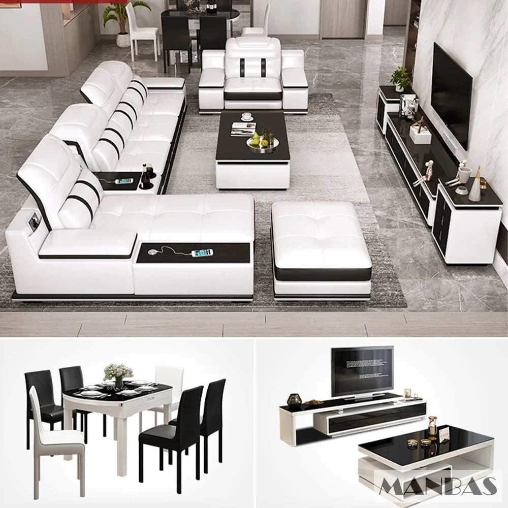 MANBAS Modern Adjustable Headrest L-Shaped White-Black Trim Italian Soft Genuine Leather Cushion Corner Couches/ Bluetooth Speaker/ USB Port/Cup Holder