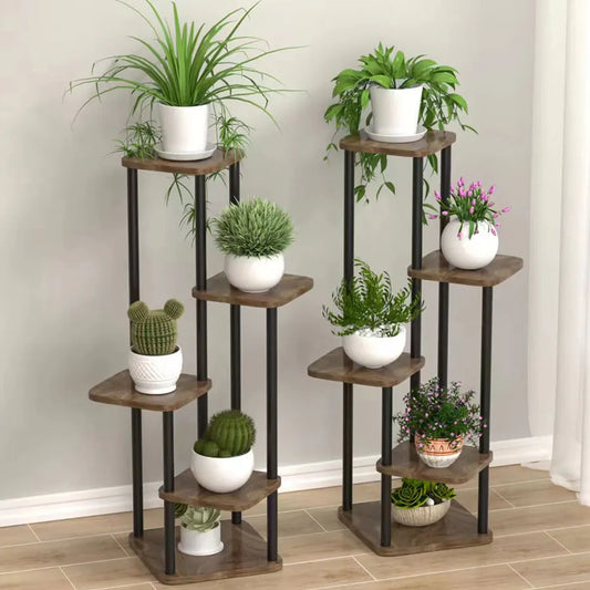 MTSHINING Wood 8 Tier Multi-Layered Shelves Iron Metal Plant Stands/Colors-Black/White,/Brown