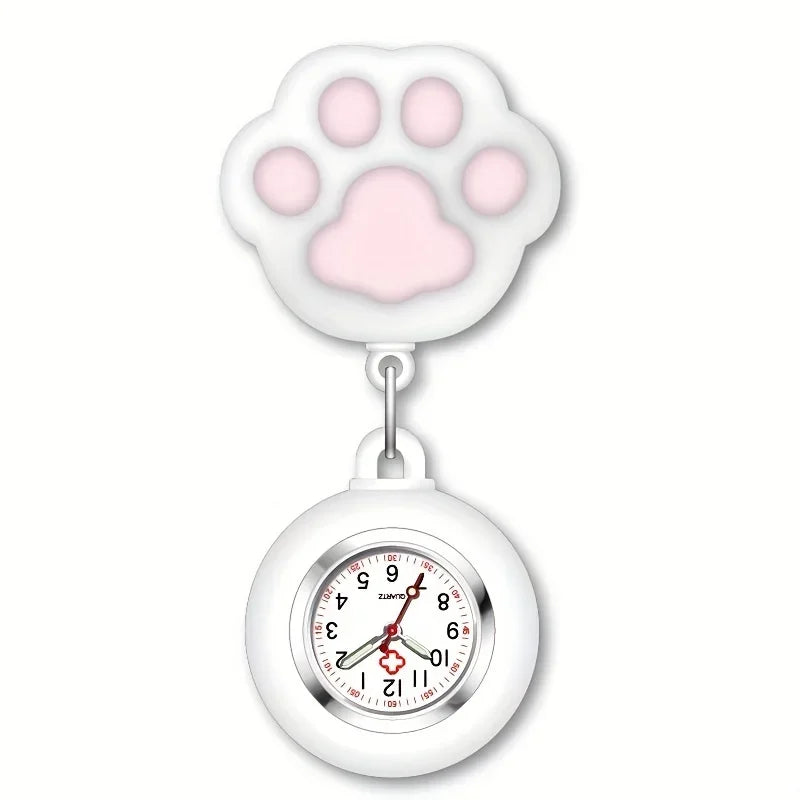 RUNERR Adults Waterproof Quartz Metal Alloy Round Shaped Glass Face Digital-Analog Display Retractable Cute Cartoon Pink Cat Paw Silicone Cover Clip-On Nurse-Doctor-Paramedic Fob Pocket Watches/Colors-Pink/Light Blue/Yellow/White