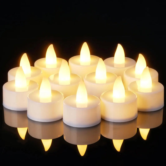24 PCS Set Plastic Flickering Warm Flameless Small Round Tea Light Candles/Colors-White/Brown/Button Batteries-Bulbs Included