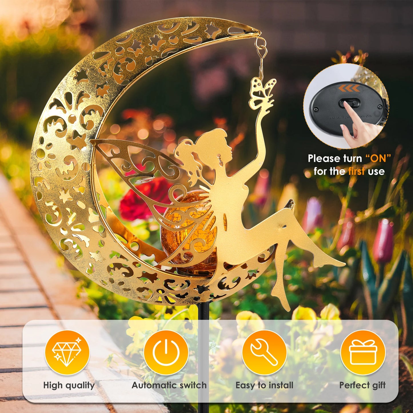 No-EN-Name-Null Outdoor Solar-Powered Fairy Sitting On A Half Moon-Stars Pattern LED Light Iron Metal Body Garden Landscape Pathway Lighting