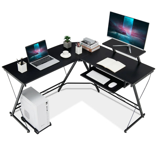 GOFLAME Black Colored L-Shaped Steel MDF Wood Computer Desks/ Movable Host Stand/Dimension of Desk: 130 x 126 x 94 cm (L x W x H)