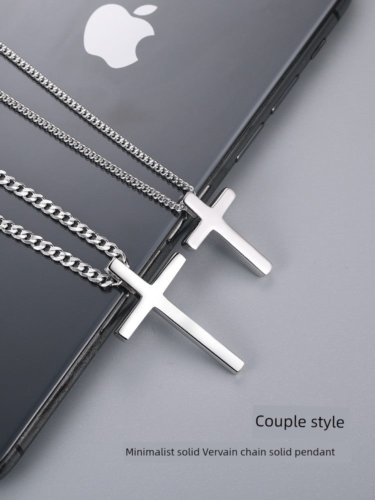 European Unisex Couple's Sterling Silver Metal Cross Pendant Fine Imitation Vera Chain Necklaces