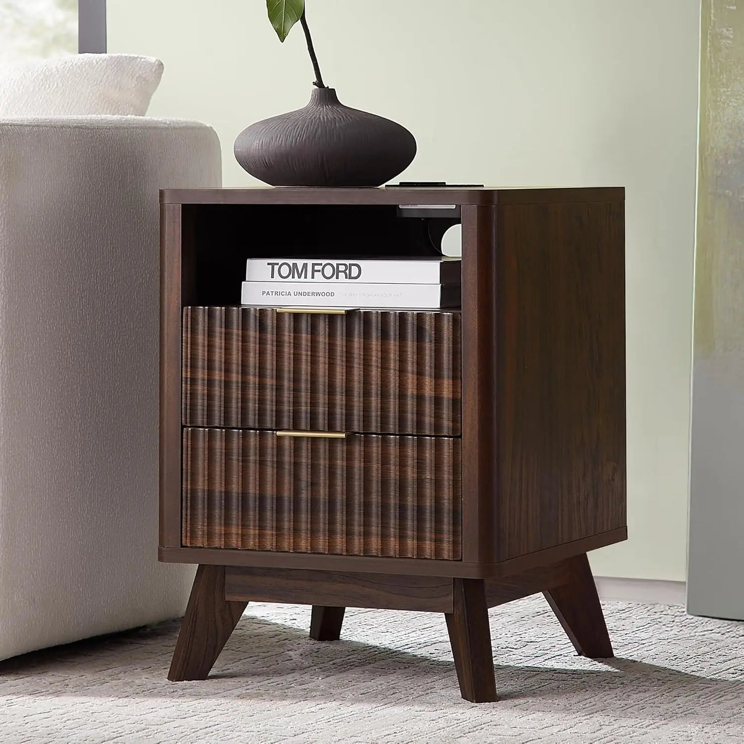 ANGDUO White Faux Marble Top-Fluted Oak Wood Earth-Tone Veins Nightstands/Charging Station 2 AC outlets- 2 USB ports  / 2 Drawers /Dimensions: 18"D x 18"W x 24"H/ Colors-Natural Oak, Dark Walnut, Dark Gray, Solid White