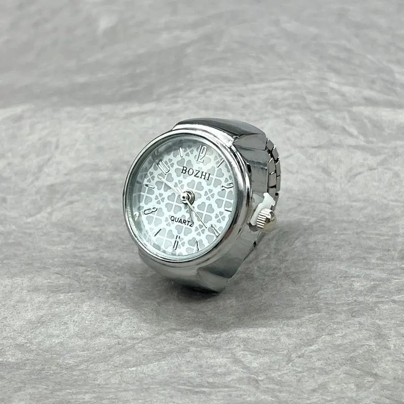 Unisex Metal Vintage Round Finger Watch Glass Mirror Quartz Elastic Band Charm Rings/Colors-Gold/Green/Silver
