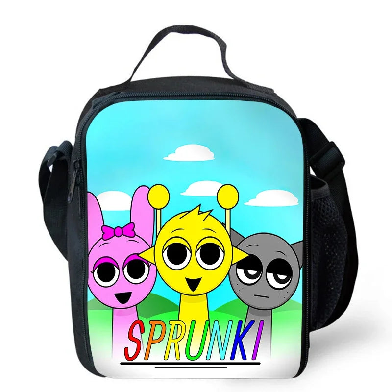 MINISO Kids Waterproof Nylon Fabric 3D Digital Print Cartoon Anime Music Box Sprunky Kids Full Mode Curved Back School Backpacks/Lunch Bag-Pencil Bag/Exterior Pockets/Laptop Compartment/Colors-White/Black/Blue/Multicolor