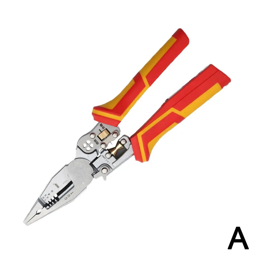 No-EN-Name-Null 9-in-1 Heavy-Duty Non-Slip Multicolor Handle Grip Enlarged Professional Petal Four-Hole Winding Built-in Electricity Current Meter Steel Metal Pliers Adjustable Jaws Sharp Wire Strippers/Colors-Red/Green/Yellow/Silver/Black/Multicolor