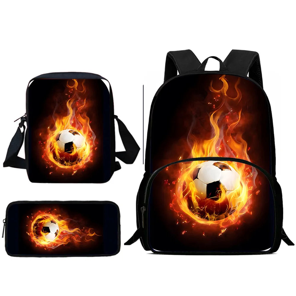 MINISO Kids 3 PCS Large Waterproof Nylon Fabric Zippers Exterior Pockets Printed-Burning Flames Soccer Ball Design Curved Back Shoulder Straps-Handle Sports IPAD Compartment School Backpacks/Color-Black/White/Blue/Multicolor