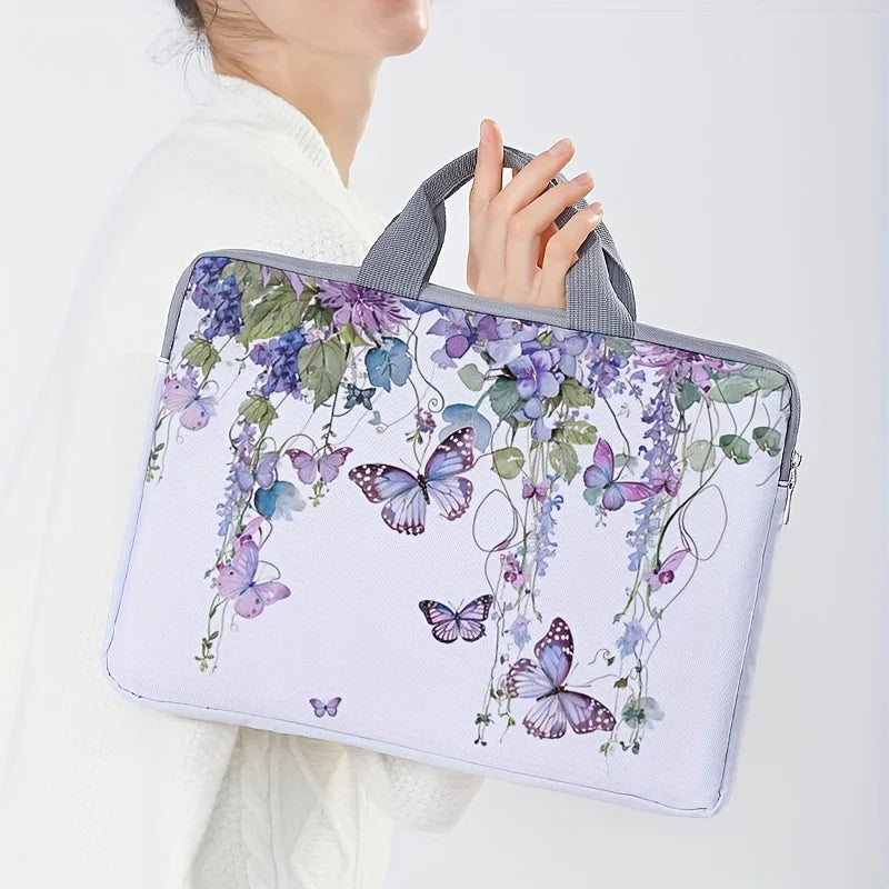 No-EN-Name-Null Modern Rectangle Floral Purple Butterfly Design Polyester Lining Carry Handle Internal Padding Single 14 Inch Laptop Compartment Zippered Bag Briefcases/ Suitable for 14 inch Laptops/With Handle/Without Handle