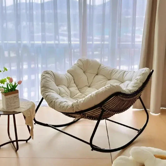 Kids Indoor Rattan Woven Soft Flannel Upholstered Faux Leather Cushion Bird Nest Shaped Metal Frame Rocking Chairs/Colors-White/Black/Gray/Green/Pink/Brown/Beige